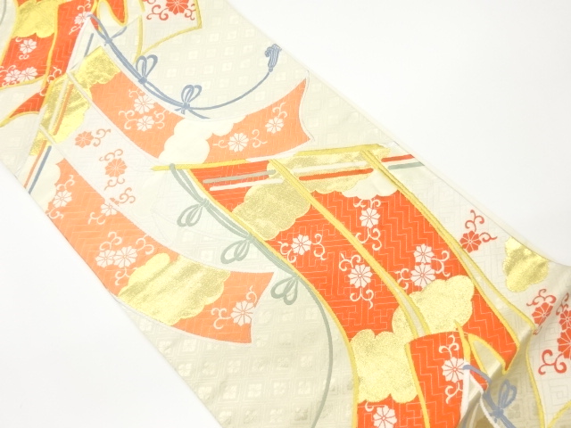 JAPANESE KIMONO / VINTAGE FUKURO OBI / WOVEN FLOWER ARABESQUE & CLOUD